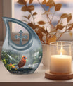 10-inch Cardinal Bird memorial urn with Cross Drop design for human ashes