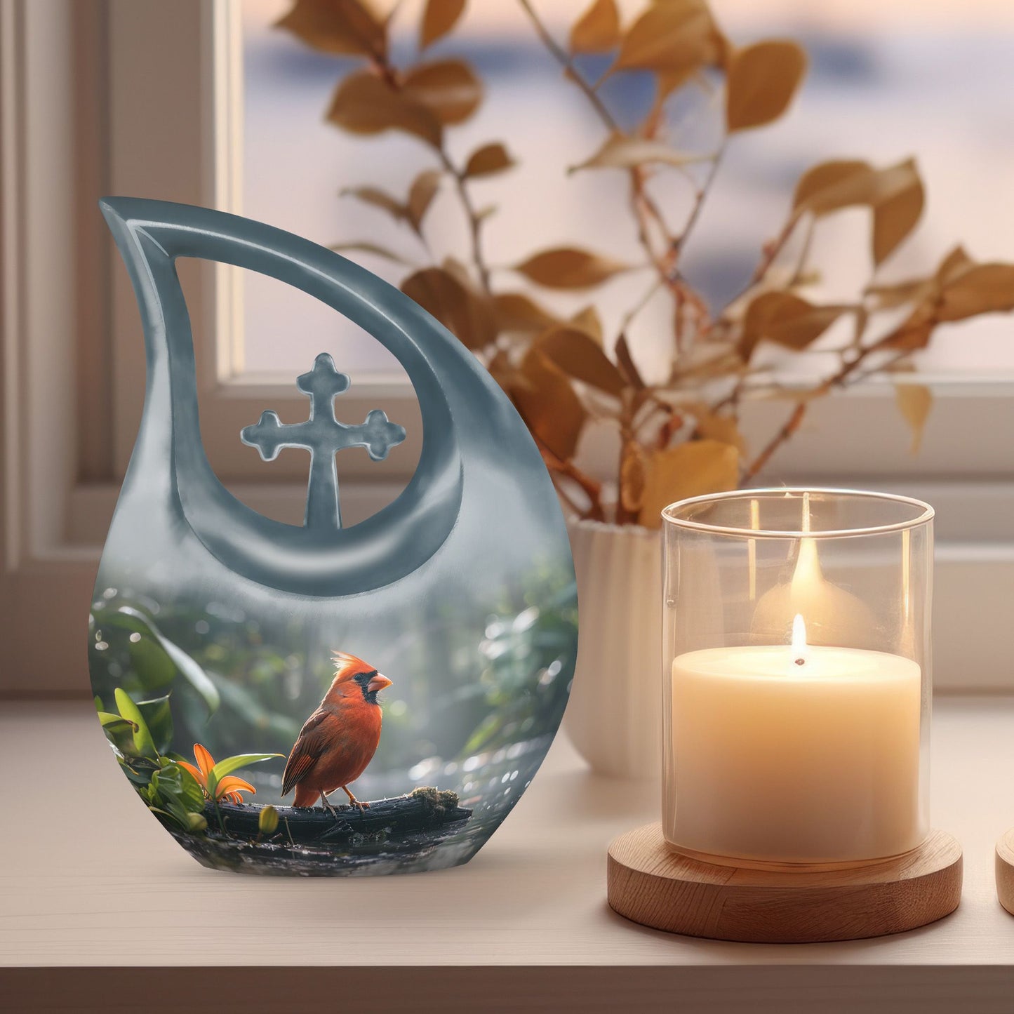 10-inch Cardinal Bird memorial urn with Cross Drop design for human ashes