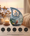 10-inch Cardinal Bird memorial urn with Cross Drop design for human ashes