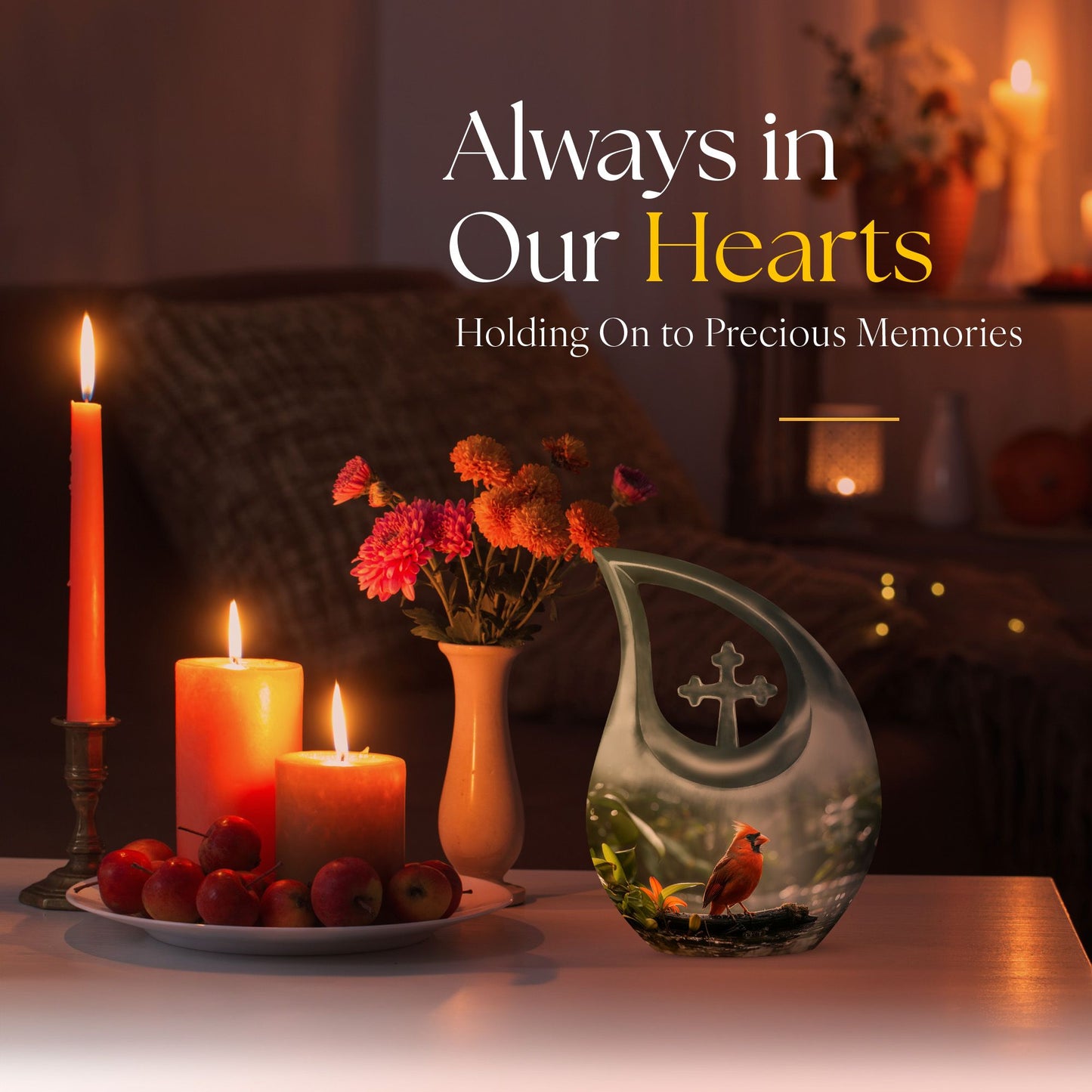 10-inch Cardinal Bird memorial urn with Cross Drop design for human ashes