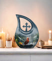 10-inch Cardinal Bird memorial urn with Cross Drop design for human ashes