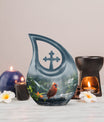 10-inch Cardinal Bird memorial urn with Cross Drop design for human ashes