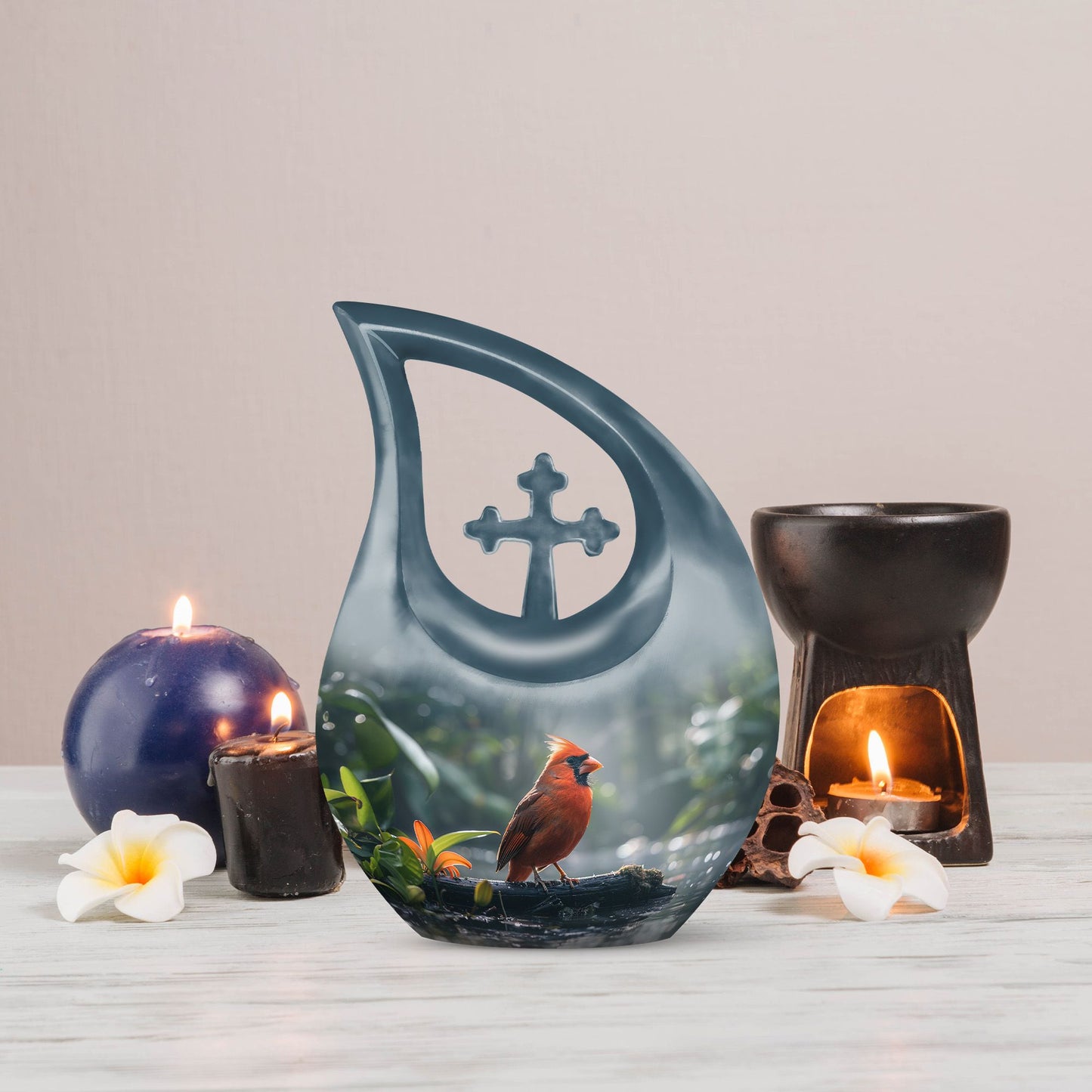 10-inch Cardinal Bird memorial urn with Cross Drop design for human ashes
