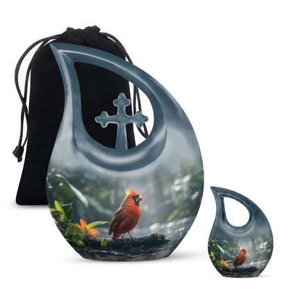 10-inch Cardinal Bird memorial urn with Cross Drop design for human ashes
