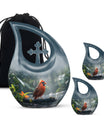 10-inch Cardinal Bird memorial urn with Cross Drop design for human ashes