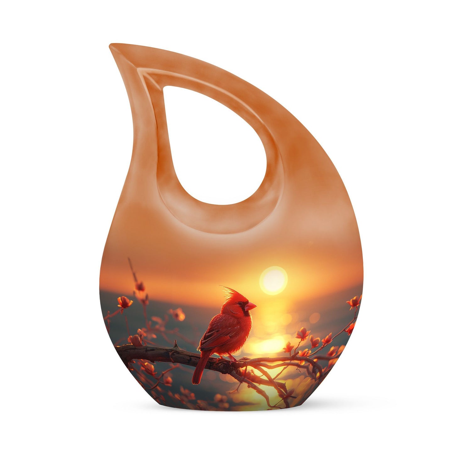 10 inch Cardinal Bird cremation box with cross drop design, personalizable with engraved names