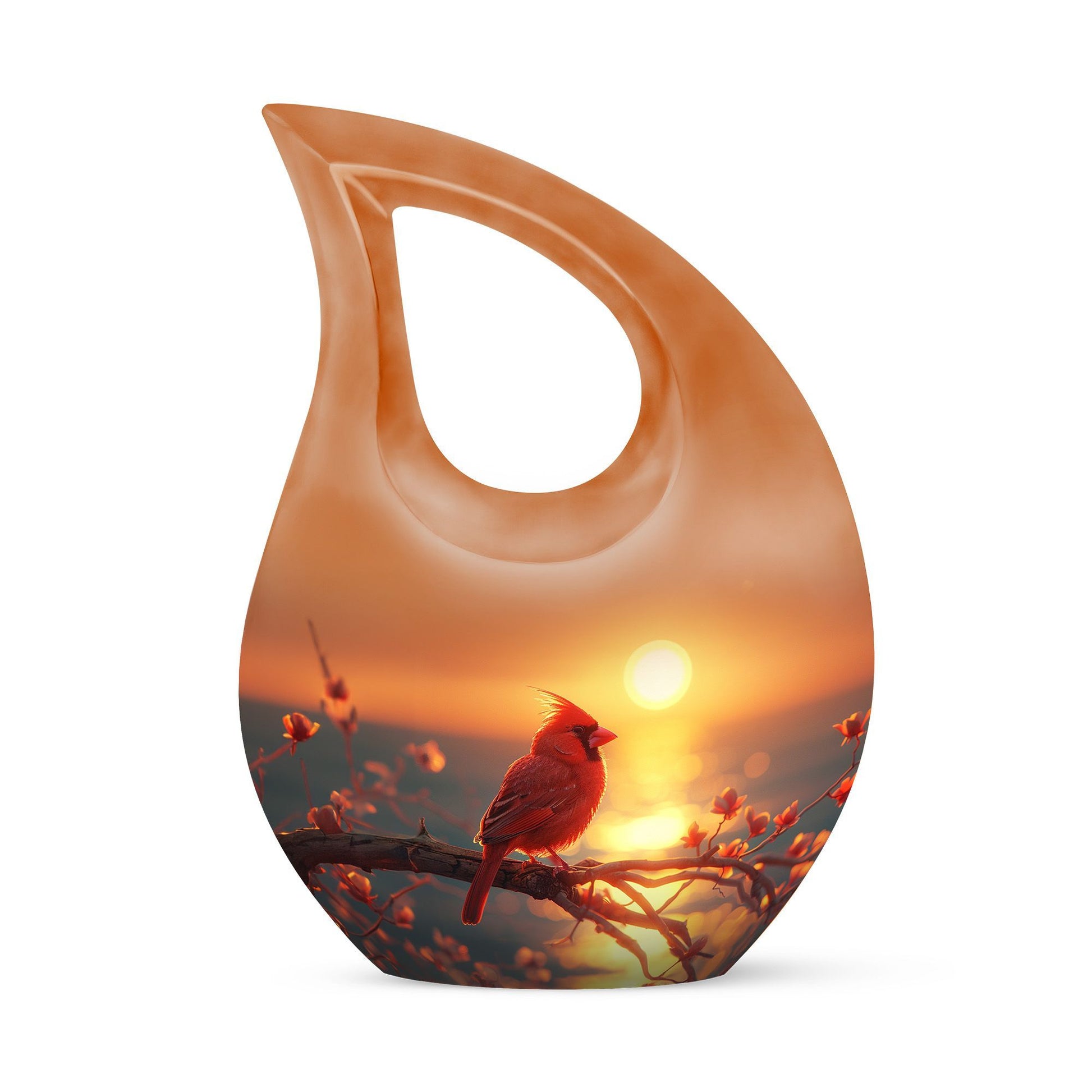 10 inch Cardinal Bird cremation box with cross drop design, personalizable with engraved names