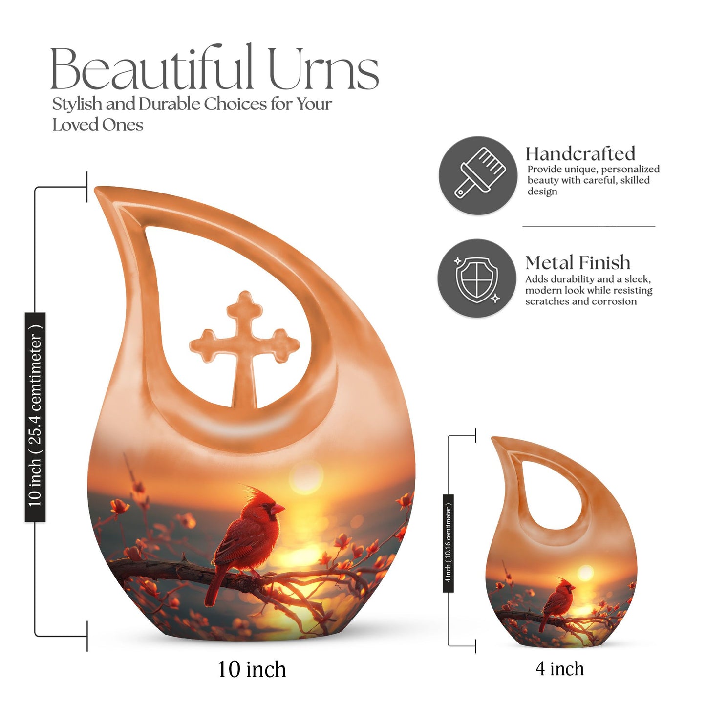10 inch Cardinal Bird cremation box with cross drop design, personalizable with engraved names