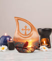 10 inch Cardinal Bird cremation box with cross drop design, personalizable with engraved names