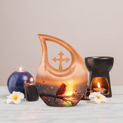 10 inch Cardinal Bird cremation box with cross drop design, personalizable with engraved names