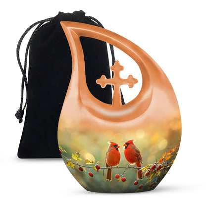 Cardinal Bird-themed Cross Drop Large Urn with Personalized Engravings, affordable cremation urn