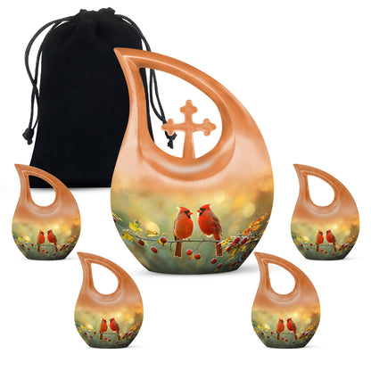 Cardinal Bird-themed Cross Drop Large Urn with Personalized Engravings, affordable cremation urn