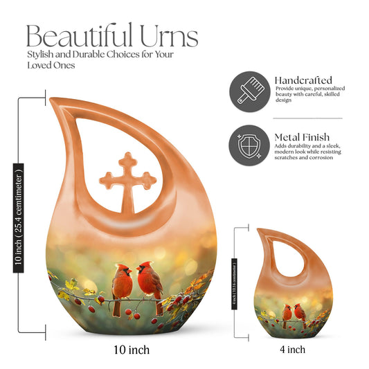 Cardinal Bird-themed Cross Drop Large Urn with Personalized Engravings, affordable cremation urn