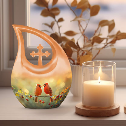 Cardinal Bird-themed Cross Drop Large Urn with Personalized Engravings, affordable cremation urn