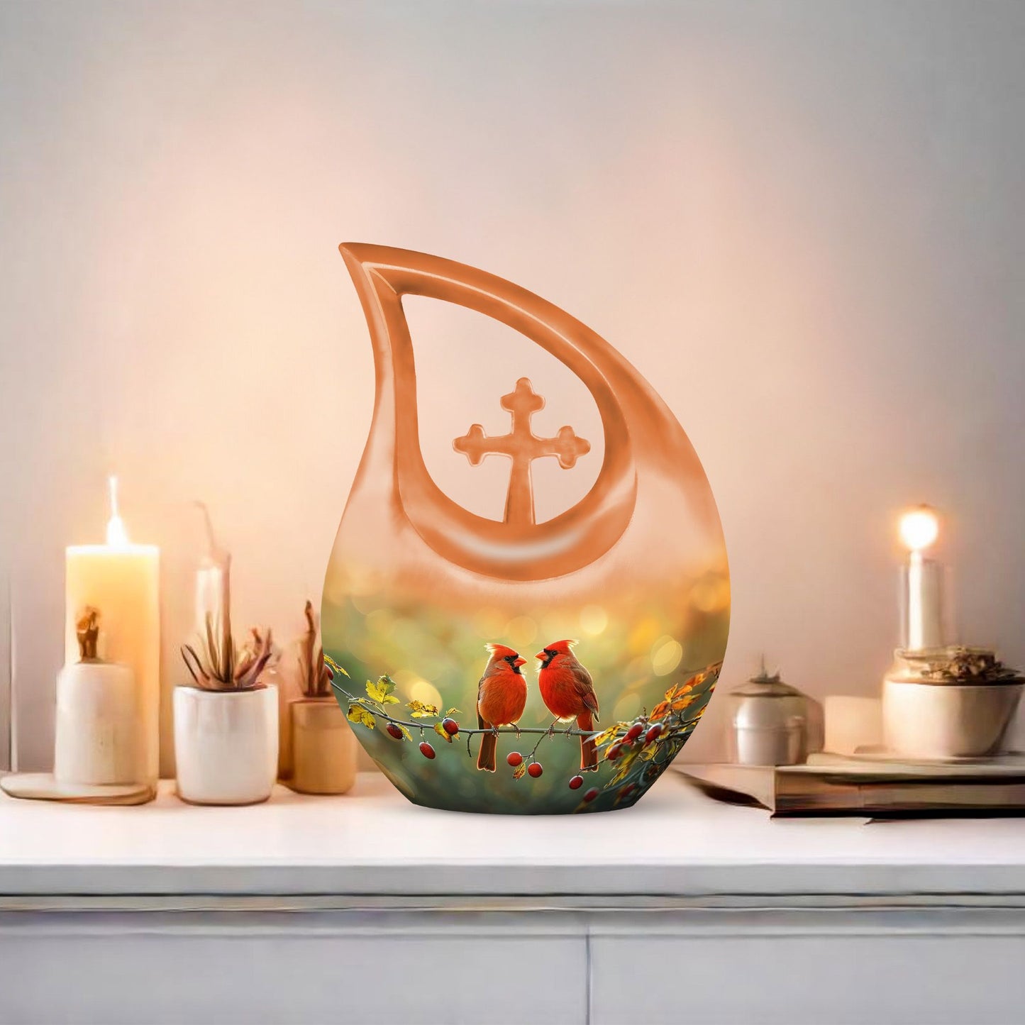 Cardinal Bird-themed Cross Drop Large Urn with Personalized Engravings, affordable cremation urn