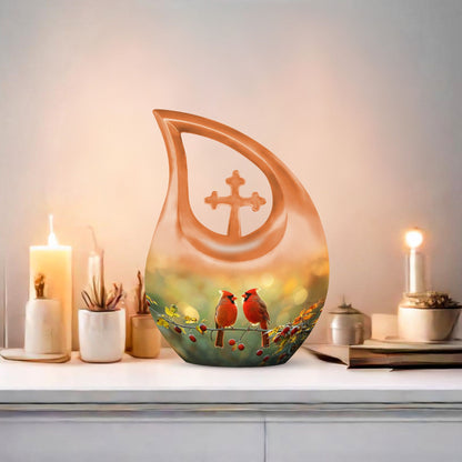 Cardinal Bird-themed Cross Drop Large Urn with Personalized Engravings, affordable cremation urn