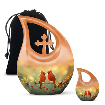 Cardinal Bird-themed Cross Drop Large Urn with Personalized Engravings, affordable cremation urn