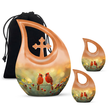 Cardinal Bird-themed Cross Drop Large Urn with Personalized Engravings, affordable cremation urn