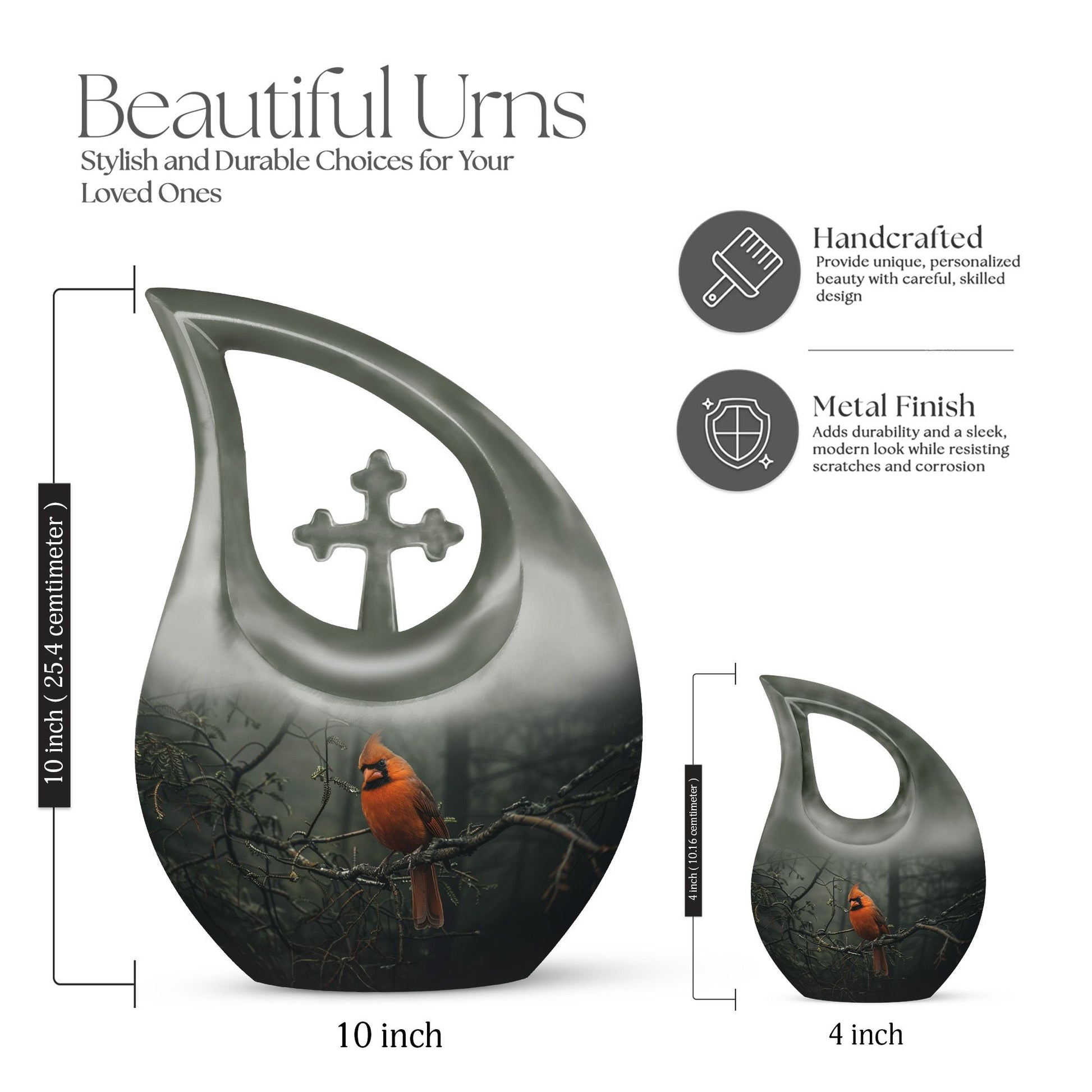10-inch aluminium Cardinal Bird Cross Drop memorial urn for ashes