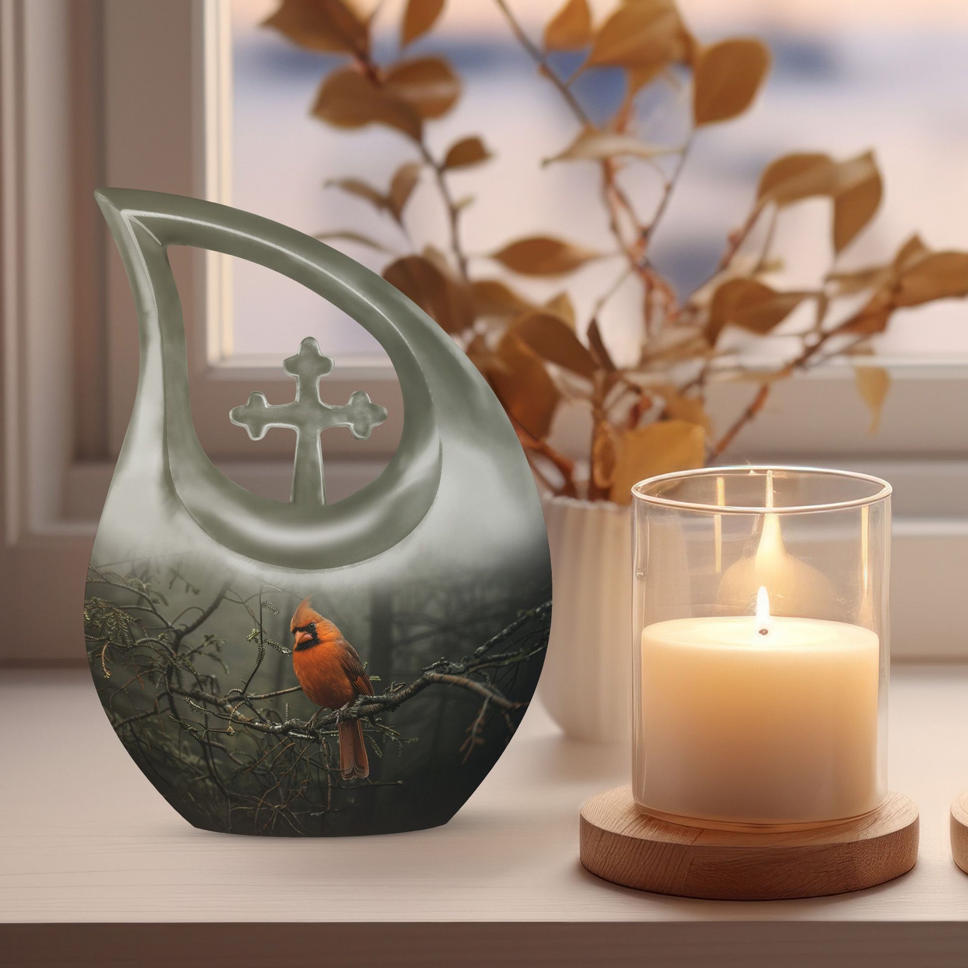 10-inch aluminium Cardinal Bird Cross Drop memorial urn for ashes