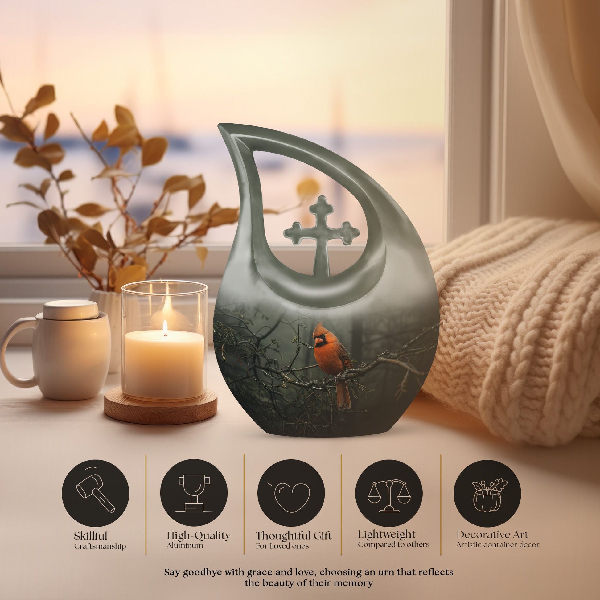 10-inch aluminium Cardinal Bird Cross Drop memorial urn for ashes