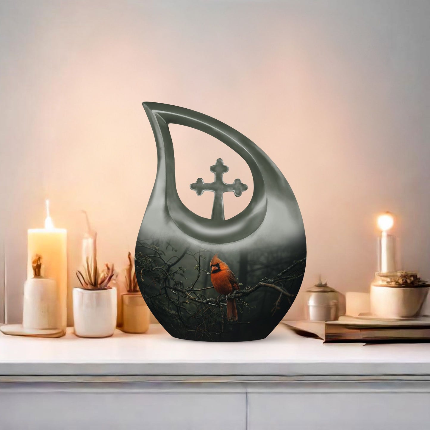 10-inch aluminium Cardinal Bird Cross Drop memorial urn for ashes