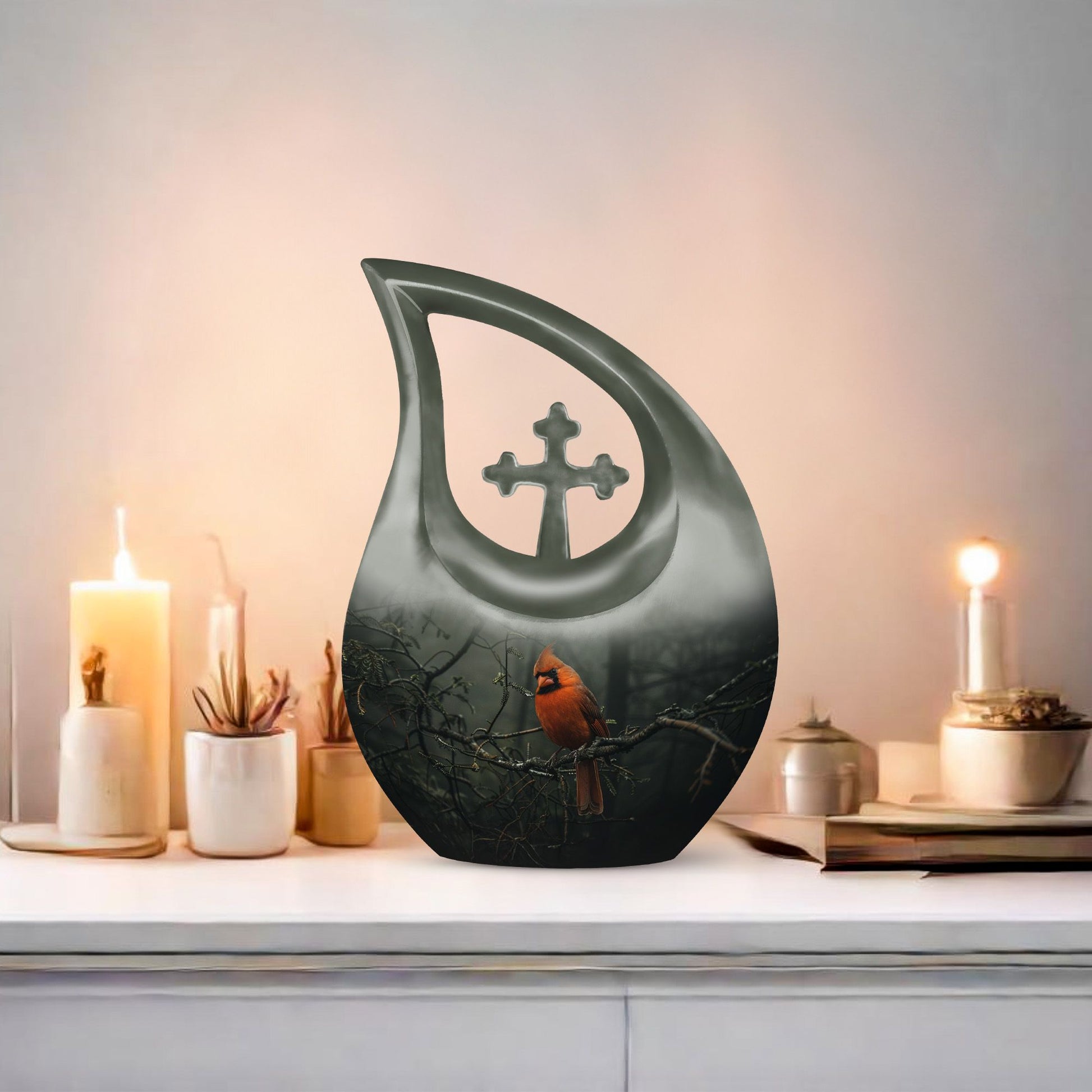 10-inch aluminium Cardinal Bird Cross Drop memorial urn for ashes