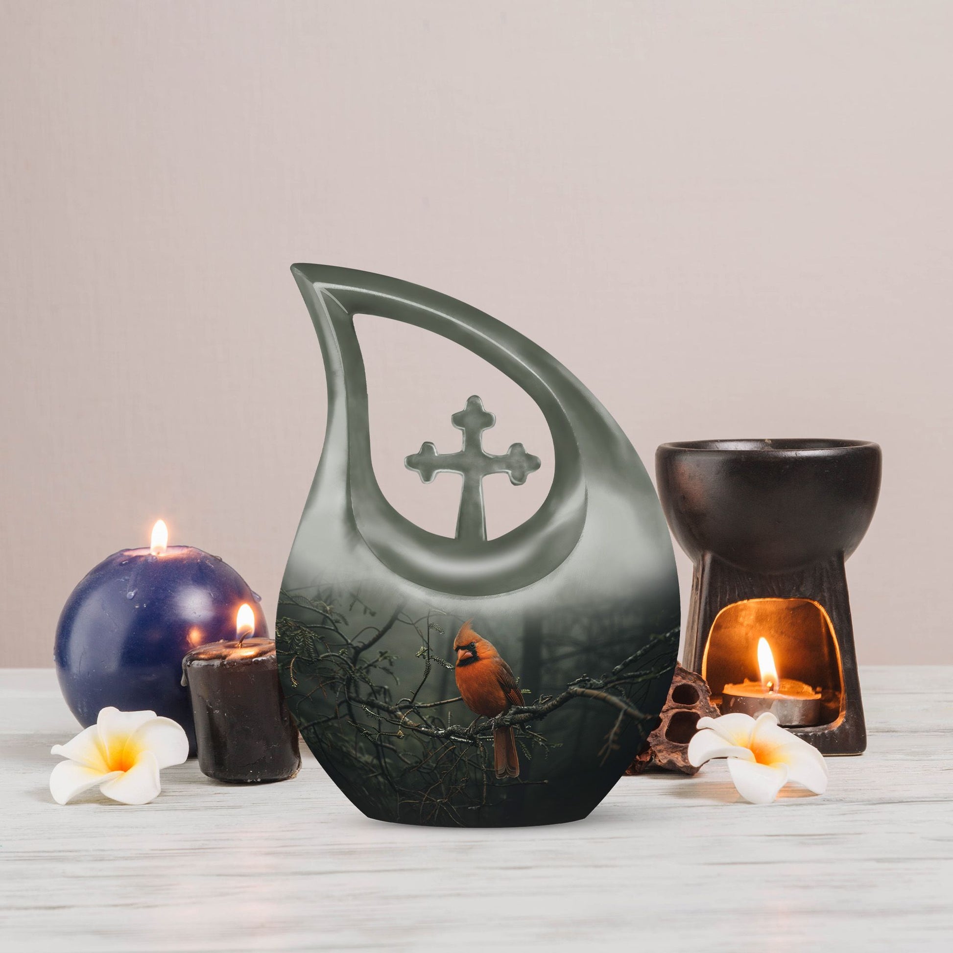 10-inch aluminium Cardinal Bird Cross Drop memorial urn for ashes