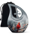 10-inch Cardinal Bird Cross Drop memorial urn, customizable, with velvet pouch