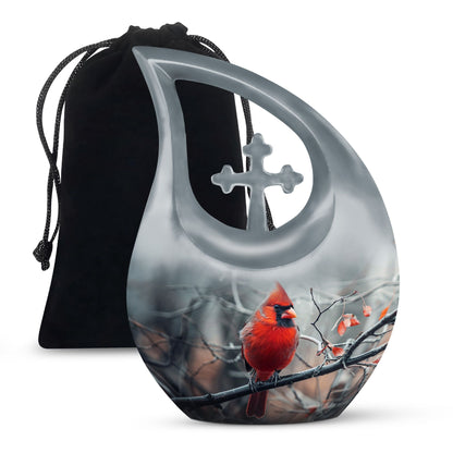 10-inch Cardinal Bird Cross Drop memorial urn, customizable, with velvet pouch