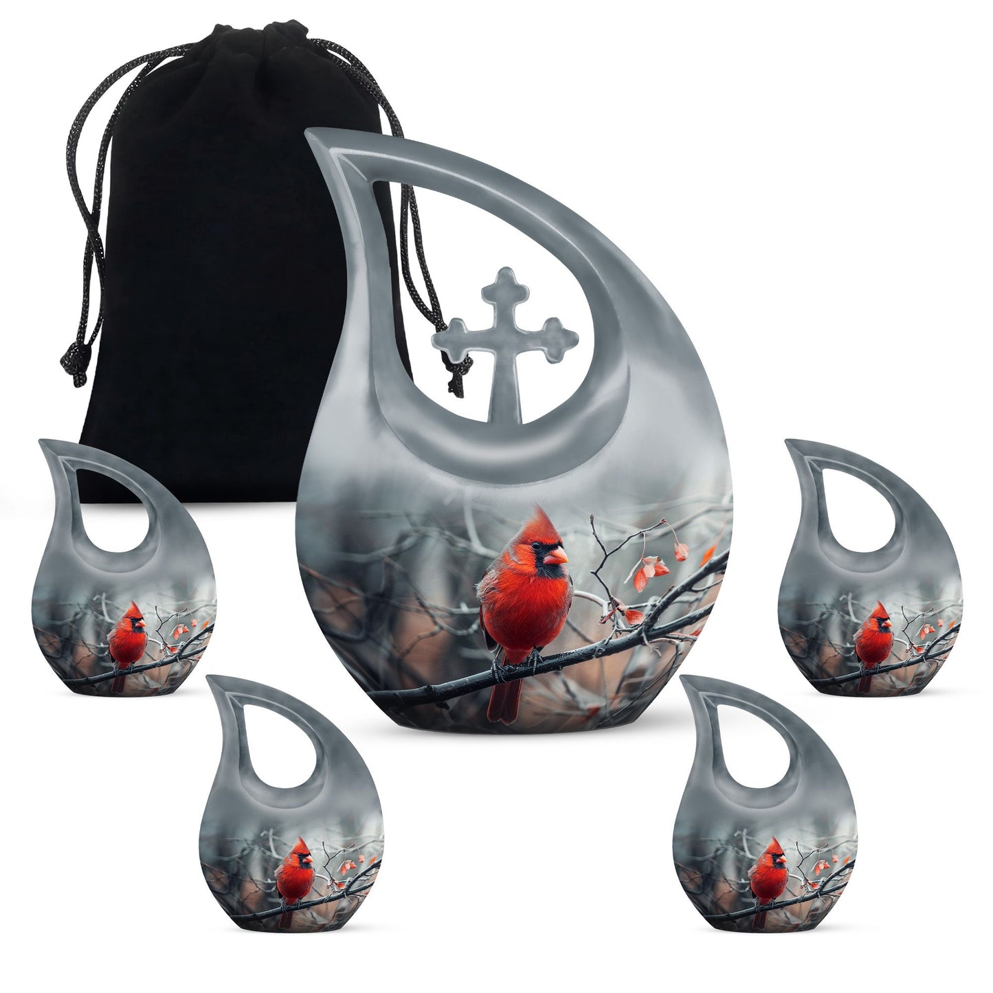 10-inch Cardinal Bird Cross Drop memorial urn, customizable, with velvet pouch