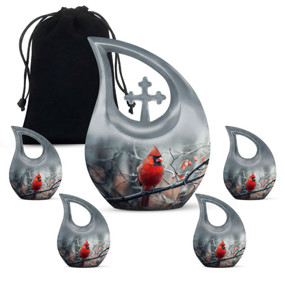 10-inch Cardinal Bird Cross Drop memorial urn, customizable, with velvet pouch