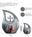 10-inch Cardinal Bird Cross Drop memorial urn, customizable, with velvet pouch
