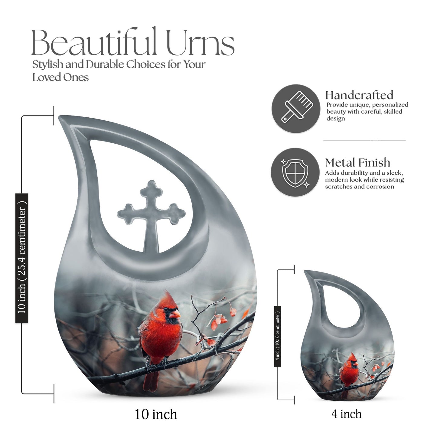 10-inch Cardinal Bird Cross Drop memorial urn, customizable, with velvet pouch