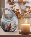 10-inch Cardinal Bird Cross Drop memorial urn, customizable, with velvet pouch