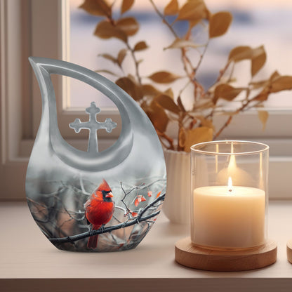 10-inch Cardinal Bird Cross Drop memorial urn, customizable, with velvet pouch