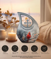 10-inch Cardinal Bird Cross Drop memorial urn, customizable, with velvet pouch