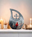 10-inch Cardinal Bird Cross Drop memorial urn, customizable, with velvet pouch