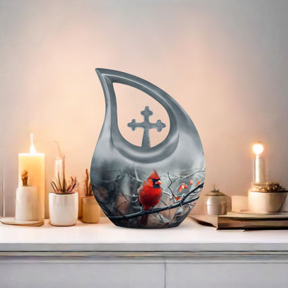10-inch Cardinal Bird Cross Drop memorial urn, customizable, with velvet pouch