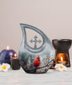 10-inch Cardinal Bird Cross Drop memorial urn, customizable, with velvet pouch