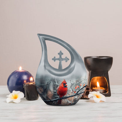 10-inch Cardinal Bird Cross Drop memorial urn, customizable, with velvet pouch