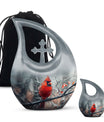 10-inch Cardinal Bird Cross Drop memorial urn, customizable, with velvet pouch