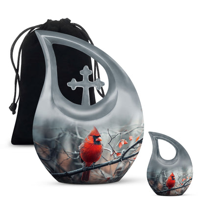 10-inch Cardinal Bird Cross Drop memorial urn, customizable, with velvet pouch