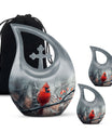 10-inch Cardinal Bird Cross Drop memorial urn, customizable, with velvet pouch