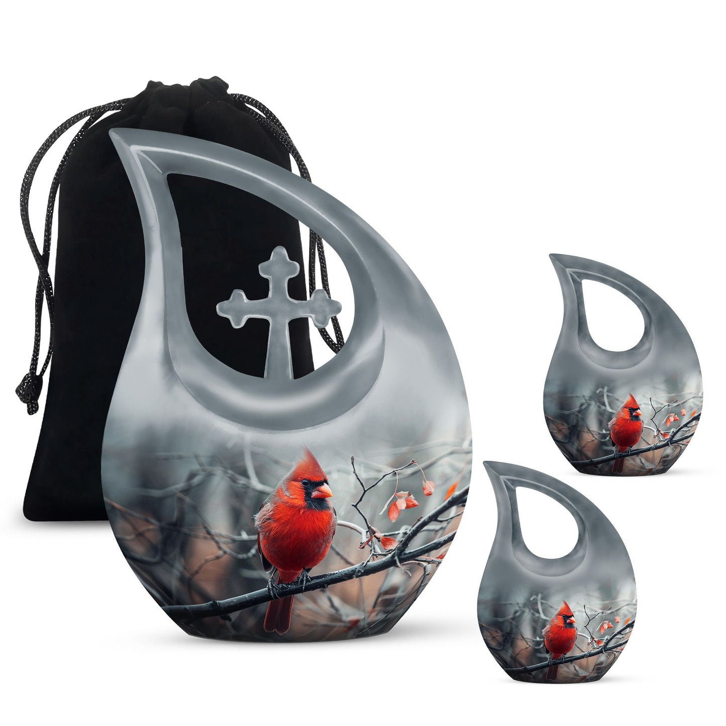 10-inch Cardinal Bird Cross Drop memorial urn, customizable, with velvet pouch