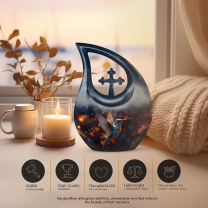 Humming Birds styled Cross Drop Keepsake Urn made of Aluminium, customizable