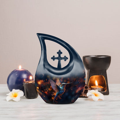 Humming Birds styled Cross Drop Keepsake Urn made of Aluminium, customizable