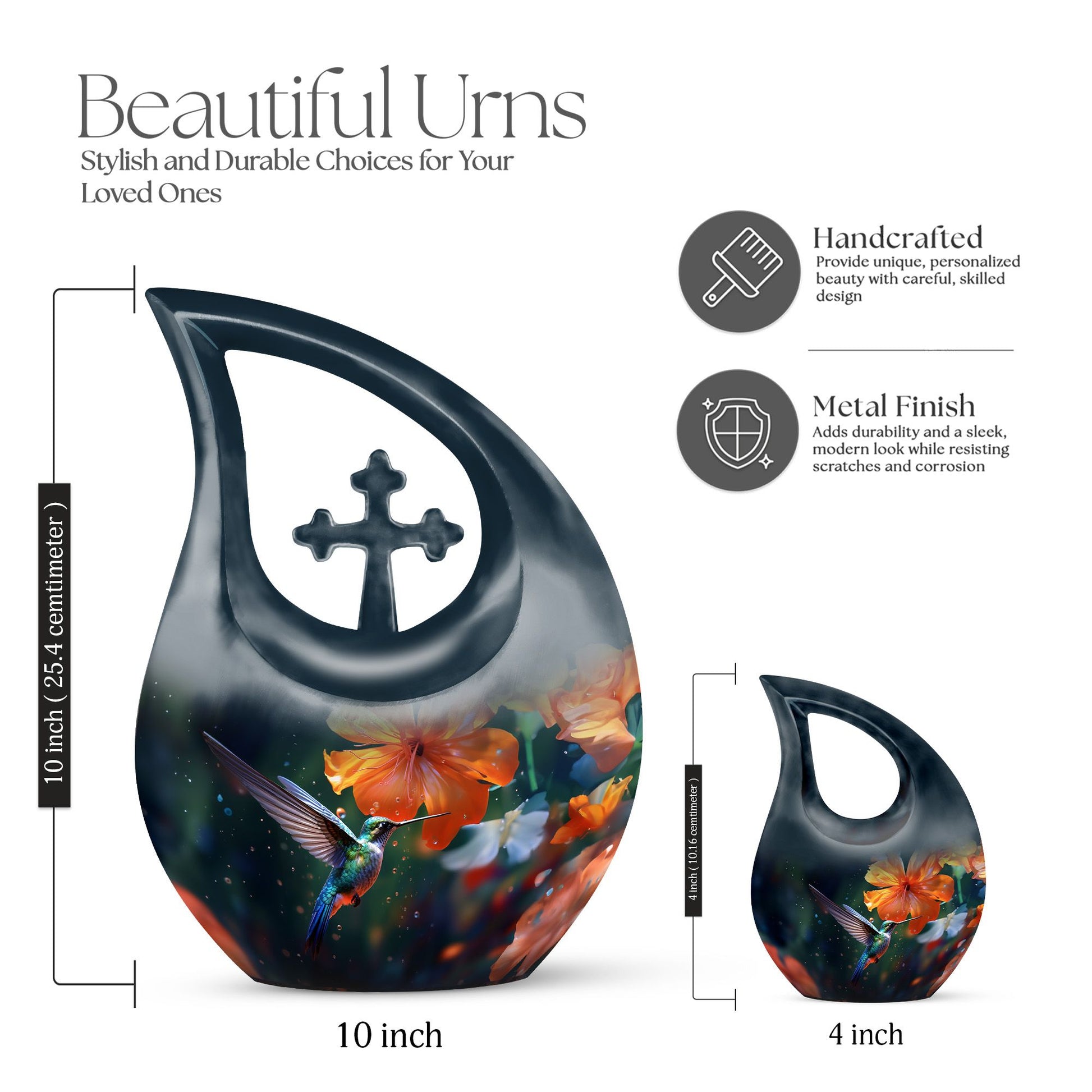 10-inch Humming Birds Urn with Cross Drop design from Aluminium