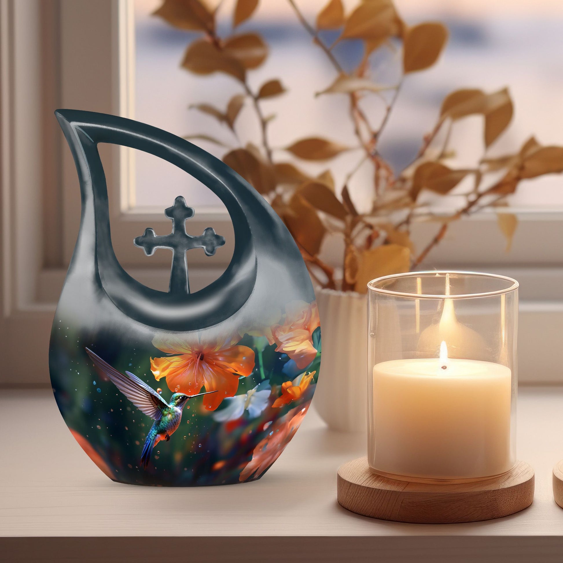 10-inch Humming Birds Urn with Cross Drop design from Aluminium