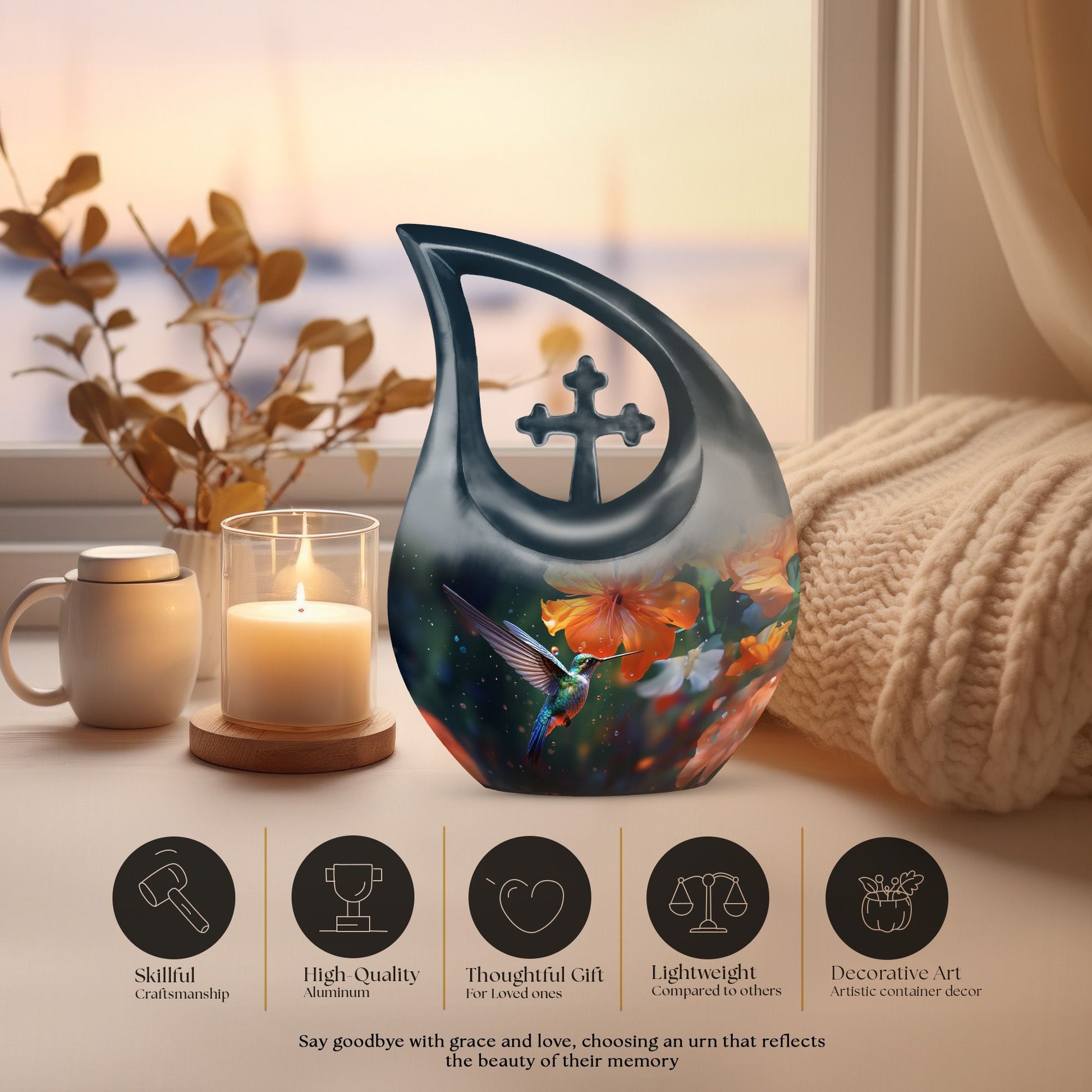 10-inch Humming Birds Urn with Cross Drop design from Aluminium